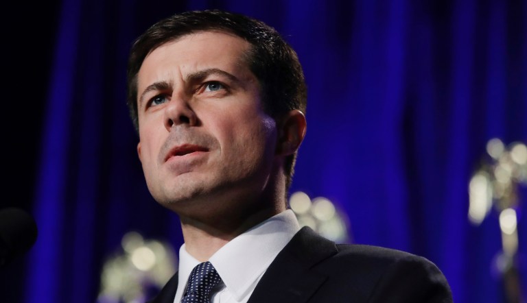 Democratic presidential candidate South Bend, Ind. Mayor Pete Buttigieg delivers a Veterans Day address at a campaign event, Monday, Nov. 11, 2019, in Rochester, N.H.