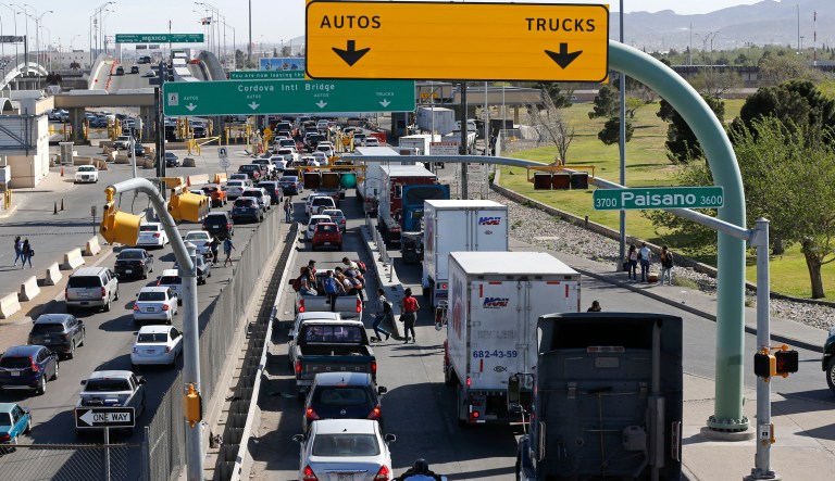 Cars and trucks line up to enter Mexico from the U.S. at a border crossing in El Paso, Texas, Friday, March 29, 2019. 