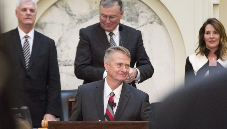 Idaho Gov. Brad Little prepares to deliver his State of the State address inside the house chambers at the state Capitol building, Monday, Jan. 7, 2019 in Boise, Idaho. 