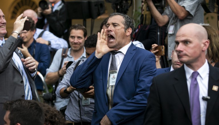 Reporter Brian Karem argues with Sebastian Gorka, former deputy assistant to U.S. President Donald Trump, not pictured, about "fake news" following an event with President Trump in the Rose Garden at the White House in Washington, D.C., U.S. on Thursday, July 11, 2019.