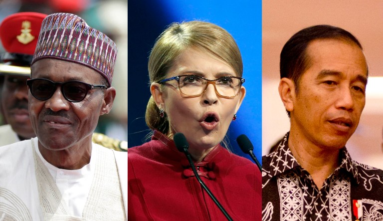 From left to right: Muhammadu Buhari of Nigeria, Yulia Tymoshenko of Ukraine, and Joko Widodo of Indonesia are shown.