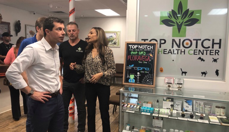 Democratic presidential candidate Pete Buttigieg tours a legal marijuana dispensary in suburban Las Vegas on Wednesday, October 23, 2019. Buttigieg said Wednesday that he's used marijuana "a handful of times a long time ago," and that it's time for the U.S. to legalize marijuana. Buttigieg, speaking to reporters after touring a legal pot dispensary, was asked about whether he'd ever used marijuana.
