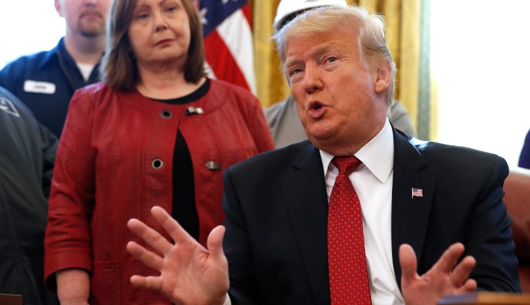 President Donald Trump speaks during a meeting with American manufacturers in the Oval Office of the White House, Thursday, Jan. 31, 2019, in Washington. Trump was signing an executive order pushing those who receive federal funds to "buy American."