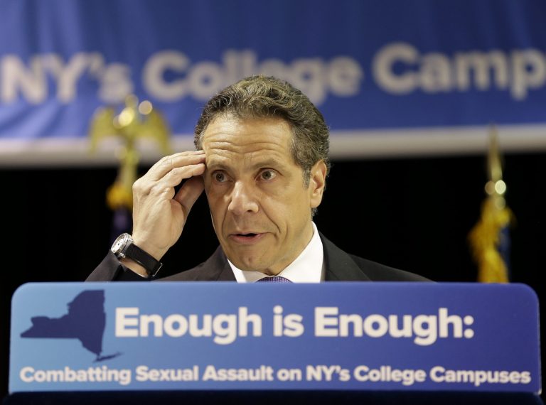 New York Gov. Andrew Cuomo speaks at the Fashion Institute of Technology in New York earlier in May. Cuomo announced a blanket policy for responding to sexual assault on New York state college campuses. (AP Photo/Seth Wenig)