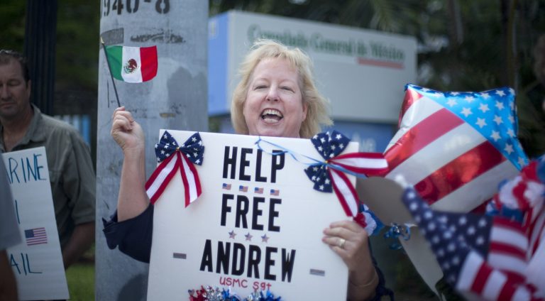 Jill Tahmooressi stands outside the Mexican Consulate in Miami on May 5 protesting the arrest of her son in Mexico. (AP/J Pat Carter)