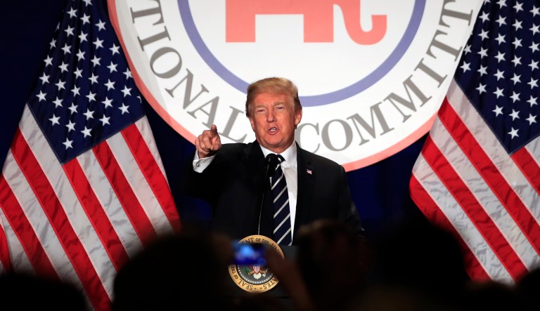 President Trump touted his State of the Union performance at the Republican National Committee winter meeting in Washington on Thursday. (AP Photo/Manuel Balce Ceneta)