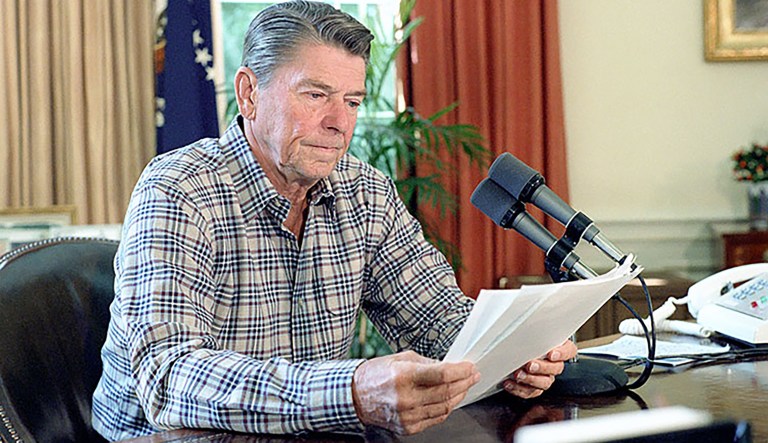 President Ronald Reagan during his Saturday Radio Address in the Oval Office on Sept. 17, 1982.