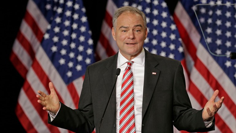 Democratic vice presidential candidate Tim Kaine scolded Ted Cruz Friday for endorsing Donald Trump. (AP Photo/Chuck Burton)