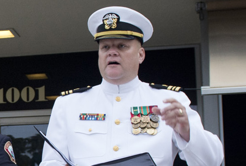 Chaplain Lt. Cmdr. Wesley Modder offers an invocation during a Sept. 11 commemoration ceremony at the Coronado Fire Department on Sept. 11, 2012. (U.S. Navy photo by Mass Communication Specialist 2nd Class Benjamin Crossley/Released)