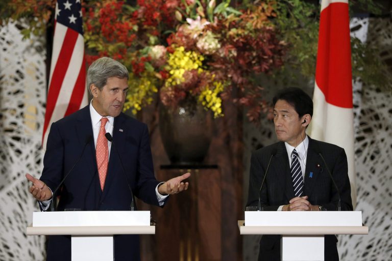   U.S. Secretary of State John Kerry, left, and Japan's Foreign Minister Fumio Kishida, right, attend their joint news conference with U.S. Secretary of Defense Chuck Hagel and Japan's Defense Minister Itsunori Onodera after the Japan-U.S. security talks in Tokyo Thursday, Oct. 3, 2013. (AP Photo/Issei Kato, Pool)  