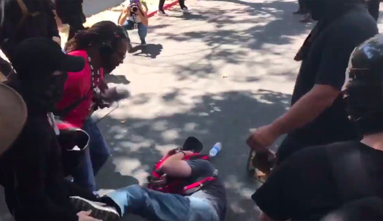 By tolerating the idea that some individuals are not entitled to practice their right to freedom of assembly, we lend credibility to the idea that they are legitimate targets for violence. (@shane_bauer/Twitter)