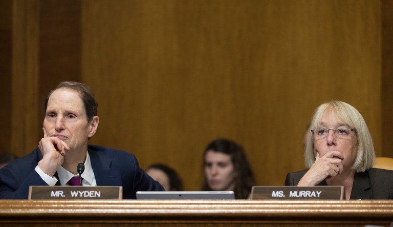 Senate Budget Committee members Sen. Ron Wyden, D-Ore., left, and Sen. Patty Murray, D-Wash., pause during a Senate Budget Committee hearing to consider fiscal year 2018 reconciliation legislation on Capitol Hill in Washington, Tuesday, Nov. 28, 2017. The committee advanced a sweeping tax package to the full Senate, handing GOP leaders a victory as they try to pass the nation's first tax overhaul in 31 years. (AP Photo/Carolyn Kaster)