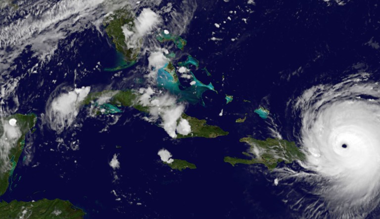 As of 5 p.m. Eastern, Irma has 155 miles-per-hour sustained winds, just below the 157 mph threshold for a Category 5 storm. (NASA/NOAA GOES Project via AP)