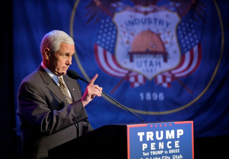 Pence didn't sugarcoat the issue of the top of the ticket's weakness with voters of his own party. (AP Photo/Rick Bowmer)