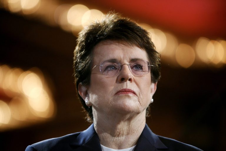 FILE - In this June 4, 2007, file photo, tennis champion Billie Jean King is introduced during a town hall conversation hosted by the group Women for Hillary in New York. The White House says King and U.S. Ambassador to Russia Michael McFaul will join the opening ceremony delegation. (AP Photo/Jason DeCrow, File)