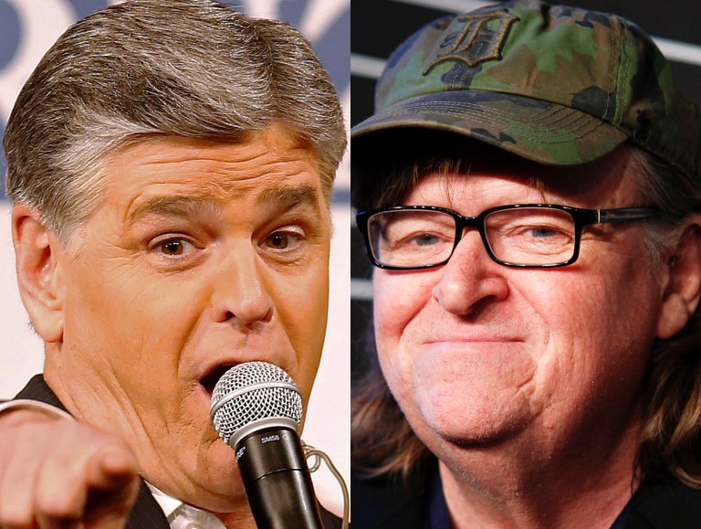 The misery of 2016 has recently endeared left-wing filmmaker Michael Moore to Sean Hannity. (AP Photos)
