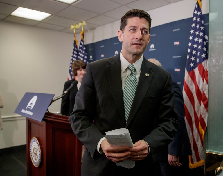 House Speaker Paul Ryan of Wis., and the GOP leadership, finish a news conference on Capitol Hill in Washington, Tuesday, April 4, 2017. Ryan said Republicans are talking about reviving the failed healthcare bill, but said it would be premature to say where the legislation stands or how much support it could garner. (AP Photo/J. Scott Applewhite)