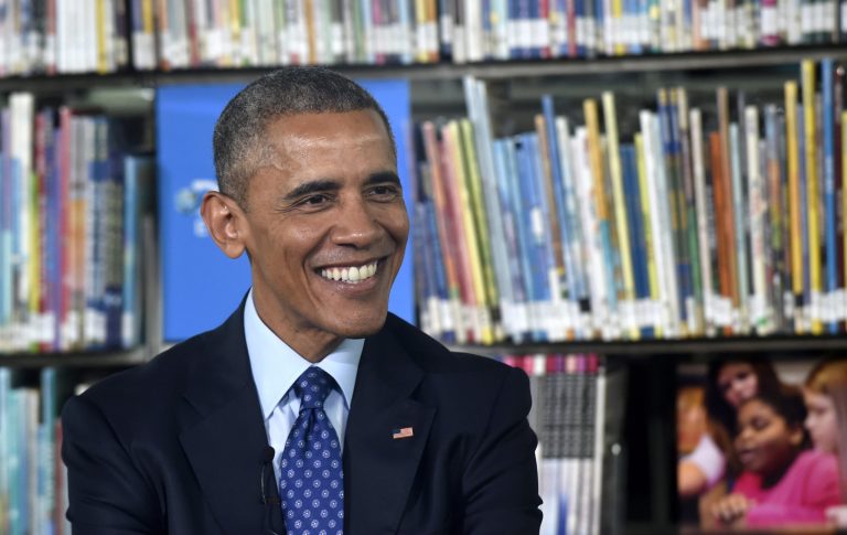 President Barack Obama smiles as he speaks at Anacostia Library in Washington, Thursday, April 30, 2015, as he participates in a live 