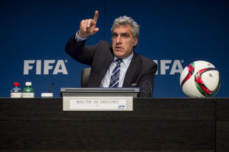 Walter De Gregorio, FIFA Director of Communications and Public Affairs, addresses the media during a press conference at the FIFA headquarters in Zurich, Switzerland, Wednesday, May 27, 2015. Swiss federal prosecutors opened criminal proceedings related to the awarding of the 2018 and 2022 World Cups, throwing FIFA deeper into crisis only hours after seven soccer officials were arrested and 14 indicted Wednesday in a separate U.S. corruption probe. (Ennio Leanza/Keystone via AP)