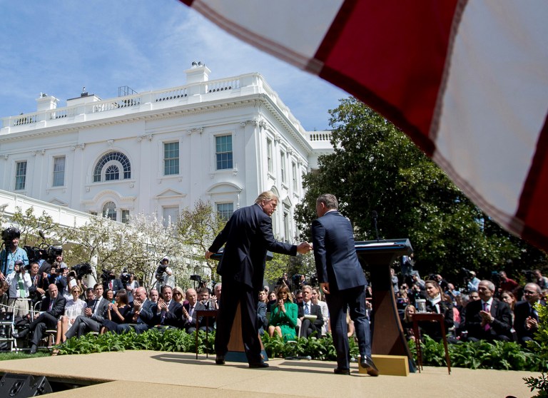 President Donald Trump and Jordan's King Abdullah II shake hands during their news conference in the Rose Garden of the White House in Washington, Wednesday, April 5, 2017. (AP Photo/Andrew Harnik)