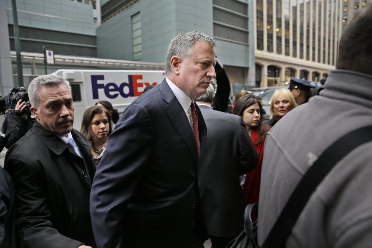 New York City Mayor Bill de Blasio arrives to a Police Athletic League luncheon in New York, Monday, Dec. 22, 2014. (AP Photo/Seth Wenig)