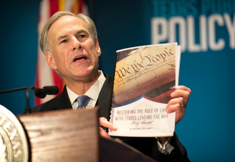 Gov. Greg Abbott calls for a convention of states to amend the Constitution during a speech at the Texas Public Policy Foundation in Austin, Texas. (Jay Janner/Austin American-Statesman via AP)