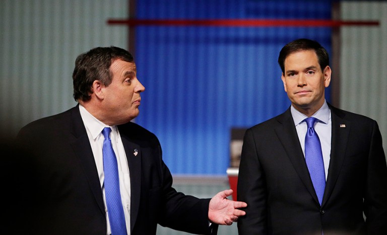 New Jersey Gov. Chris Christie and Sen. Marco Rubio, R-Fla., each used rehearsed broadsides against each other with only 15 days until the first-in-the-nation caucus. (AP photo/Chuck Burton)