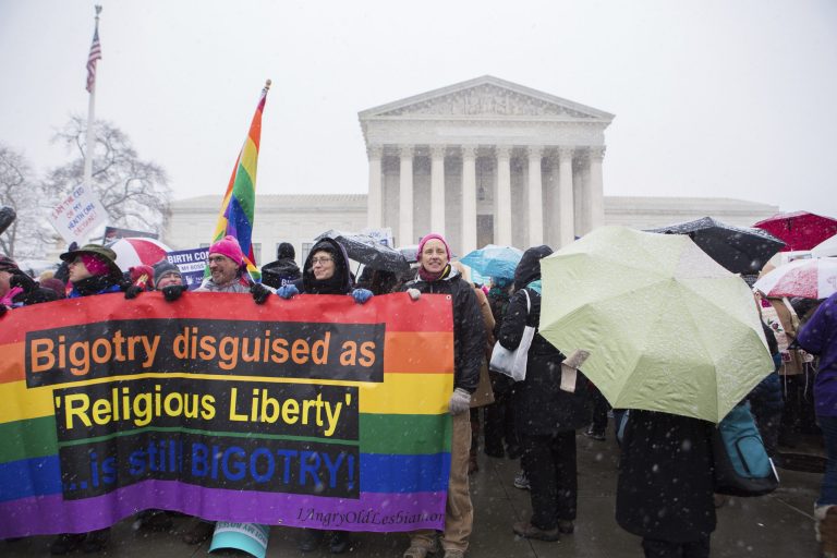 The Supreme Court justices heard oral arguments on two combined cases in which Hobby Lobby, a chain of craft stores, and Conestoga Wood Specialties, a small Mennonite furniture manufacturer, are suing the federal government to be exempted from an Obamacare requirement that employers cover birth control for employees. (Graeme Jennings/Washington Examiner)