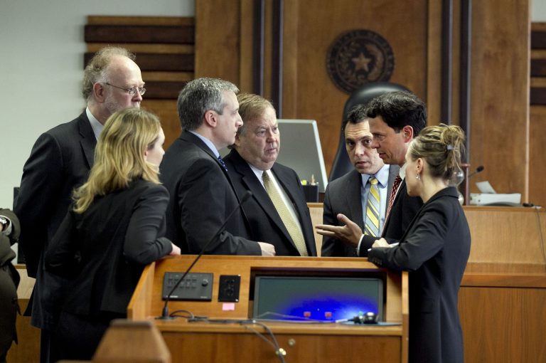 Attorneys, including Plantiff's attorneys, from second left, David Thompson, Jim Trachtenberg, Rick Gray and David Hinojosa, talk before Judge David Peeples, Friday, June 20, 2014, during a hearing on Attorney Gen. Greg Abbott's request to remove District Judge John Dietz from the long-running school finance lawsuit in Austin, Texas. (AP Photo/Austin American-Statesman, Deborah Cannon)  AUSTIN CHRONICLE OUT, COMMUNITY IMPACT OUT, INTERNET AND TV MUST CREDIT PHOTOGRAPHER AND STATESMAN.COM, MAGS OUT