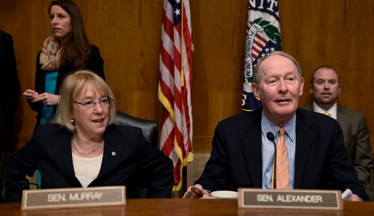 Senate Health, Education, Labor, and Pensions Committee Chairman Lamar Alexander, R-Tenn., (pictured right) lays out his case for passing the bill written by Ranking Member Patty Murray, D-Wash., and himself. (AP Photo/Susan Walsh)
