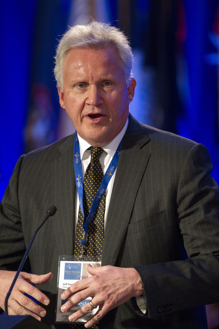 FILE - In this Saturday, Feb. 22, 2014, file photo, Jeffrey Immelt, chairman and CEO of General Electric, addressing the National Governor's Association Winter Meeting in Washington. The General Electric Co. plans to build a new U.S. global operations center in the Cincinnati area, adding an expected 1,400 jobs in southwest Ohio. Immelt, is a Cincinnati native. (AP Photo/Cliff Owen, File)