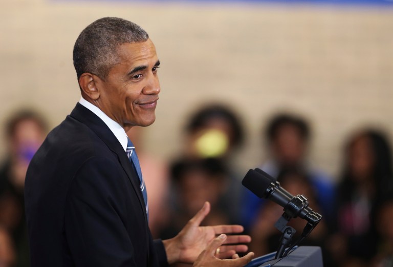 President Barack Obama speaks to students, teachers and invited guests at Benjamin Banneker Academic High School in Washington, Monday, Oct. 17, 2016, to highlight the progress his administration has made over the last eight years to improve education across the country. (AP Photo/Manuel Balce Ceneta)