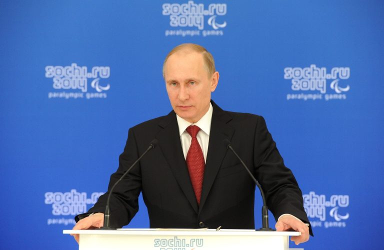 Russian President Vladimir Putin addresses a meeting with heads of national paralympic committees in Sochi, Russia, Thursday, March 13, 2014.  (AP Photo/RIA Novosti Kremlin, Mikhail Klimentyev, Presidential Press Service)