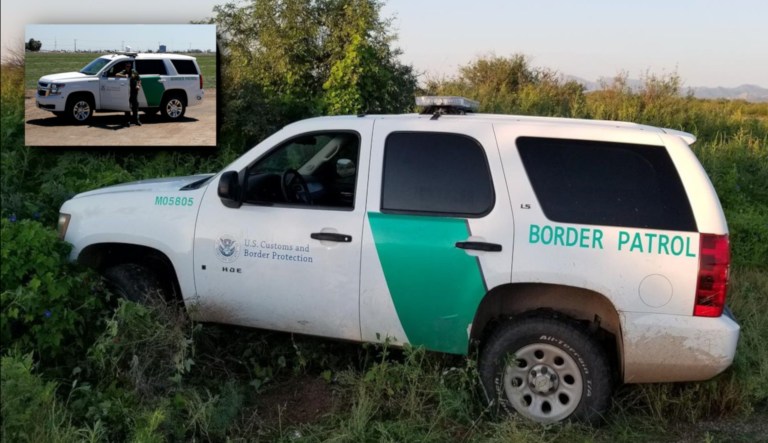 A fake Border Patrol SUV is seen in the grass in the main image; the inset contains a picture of a law enforcement officer next to a real Border Patrol vehicle.