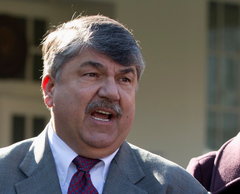 AFL-CIO President Richard Trumka speaks to reporters outside the White House in Washington in November 2012. (AP Photo/Carolyn Kaster, File)