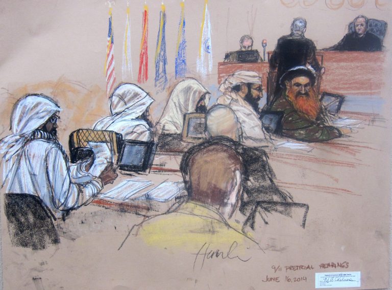 In this Pentagon-approved sketch by court artist Janet Hamlin,  the Sept. 11 accused co-conspirators attend a pretrial hearing the Guantanamo Bay U.S. Naval Base in Cuba, Monday, June 16, 2014. Defense council James Herrington is at podium addressing presiding Judge James Pohl. The accused, right to left: Khalid Sheikh Mohmmad, Walid bin Attash, Ramzi bin al shibh, Aziz Ali, Mustafa al Hawsawi.  Lawyers for Guantanamo prisoners charged in the Sept. 11 attack say the FBI has questioned more people who work as support staff on their legal teams than previously disclosed, a development that may prompt a new detour in an already snarled case as the war crimes tribunal reconvened Monday at this U.S. base.  (AP Photo/Janet Hamlin, Pool)