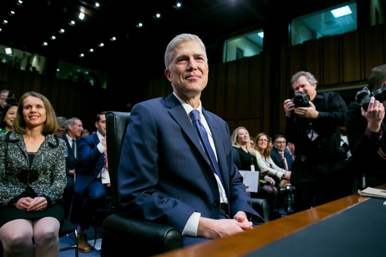 Supreme Court nominee Neil Gorsuch arrives on Capitol Hill for his confirmation hearing before the Senate Judiciary Committee. (Graeme Jennings/Examiner)