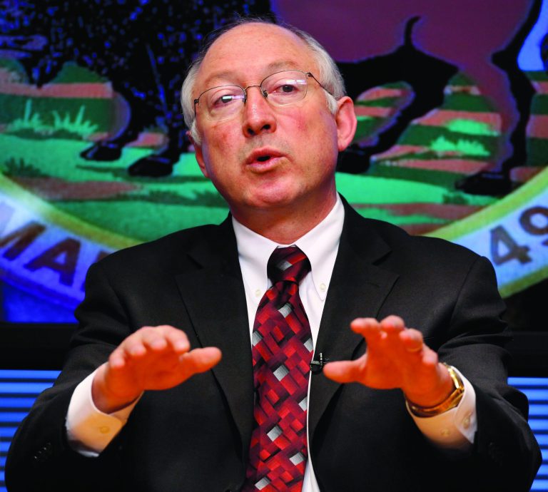 FILE - In this March 9 2009 file photo, Interior Secretary Ken Salazar gestures during an interview with The Associated Press in Washington. Salazar will leave the Obama administration in March, an Obama administration official said Wednesday. (AP Photo/J. David Ake)