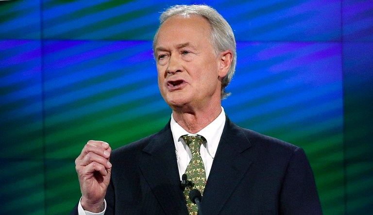 FILE - In this Oct. 13, 2015, file photo, former Rhode Island Gov. Lincoln Chafee speaks during the a Democratic presidential debate in Las Vegas. Chafee, a Republican-turned independent-turned-Democrat, is considering a 2018 run for the Senate seat he lost to Democrat Sheldon Whitehouse in 2006.