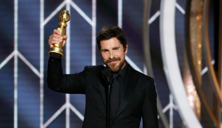 This image released by NBC shows Christian Bale accepting the award for best actor in motion picture musical or comedy for his role in "Vice" during the 76th Annual Golden Globe Awards at the Beverly Hilton Hotel on Sunday, Jan. 6, 2019, in Beverly Hills, Calif.