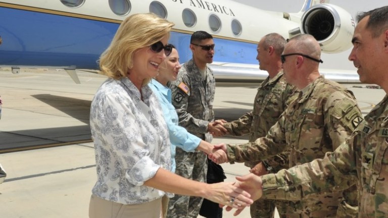Former U.S. Under Secretay of Defense for Policy Christine Wormuth U.S. Army leaders at Kandahar Airfield in Kandahar, Afghanistan July 1, 2015. 