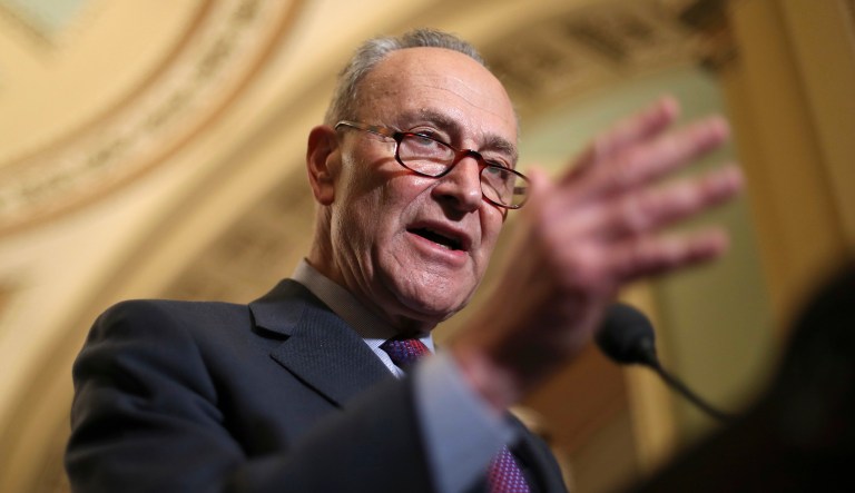 Senate Minority Leader Chuck Schumer of N.Y., speaks with reporters following weekly policy luncheons to answer questions on Capitol Hill in Washington, Tuesday, March 6, 2018. The Senate moves closer to passing legislation to roll back some of the safeguards Congress put in place to prevent a repeat of the 2008 financial crisis.