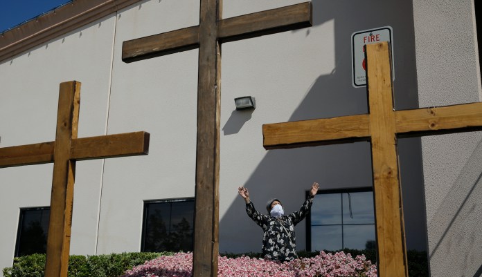 Known as The Lighted Cross Church, Excelsior Lutheran Church near Wilson, Kan., is dark, Friday, April 10, 2020. 