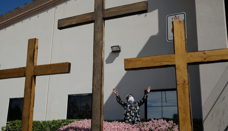 Known as The Lighted Cross Church, Excelsior Lutheran Church near Wilson, Kan., is dark, Friday, April 10, 2020. 