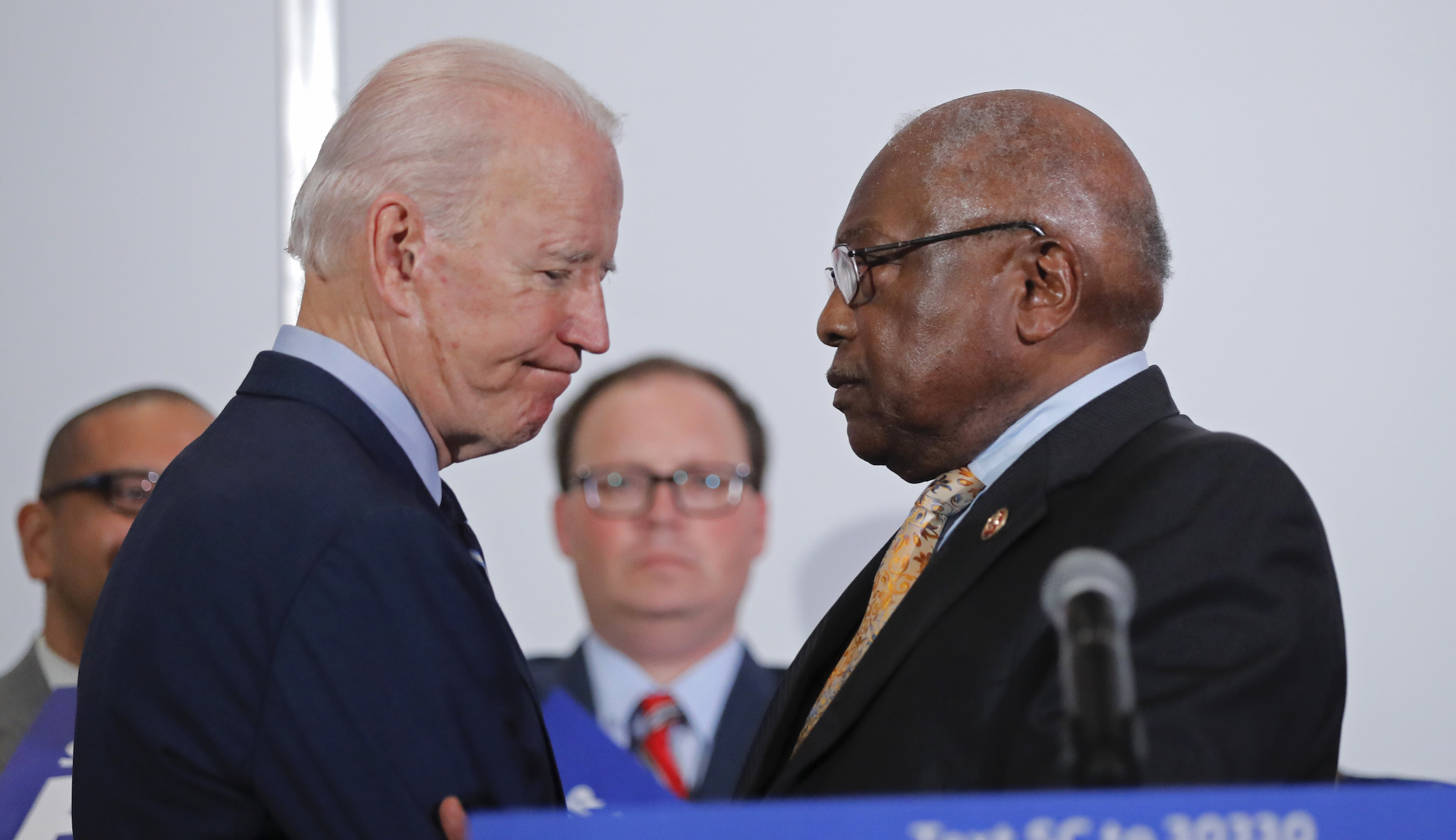 Joe Biden (right) talks to Rep. James Clyburn (D-SC, left) at a primary night election rally in Columbia, South Carolina, on Feb. 29, 2020 after winning the South Carolina primary.