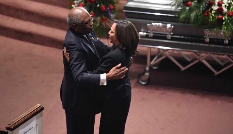 Democratic presidential contender Kamala Harris greets House Majority Whip Jim Clyburn at the funeral of his wife Emily on Sunday, Sept. 22, 2019, in West Columbia, S.C.