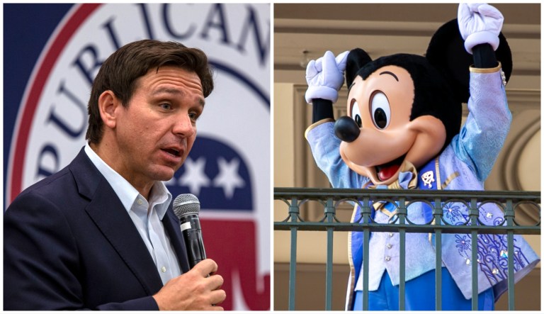 Gov. Ron DeSantis (R-FL) speaking during an Iowa GOP reception at The Hotel at Kirkwood Center in Cedar Rapids, Iowa on May 13, 2023, and Mickey Mouse at the the entrance to Magic Kingdom Park at Walt Disney World Resort in Lake Buena Vista, Florida, on April 18, 2022.