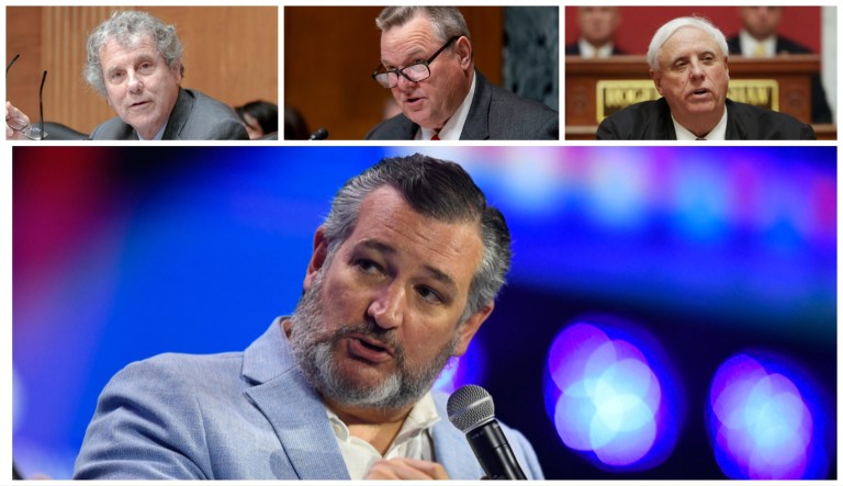 Main image: Sen. Ted Cruz (R-TX); top row, from left, Sen. Sherrod Brown (D-OH), Sen. Jon Tester (D-MT), Gov. Jim Justice (R-WV)