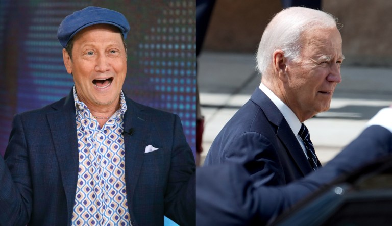 Comedian Rob Schneider, left, and President Joe Biden, right.