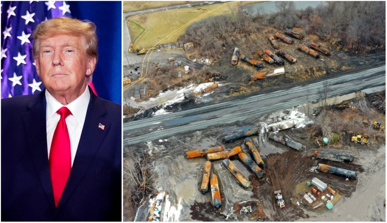 Former President Donald Trump and the cleanup of portions of a Norfolk Southern freight train that derailed in East Palestine, Ohio.